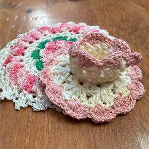 Crochet Doily Set with Pink and Cream Accents